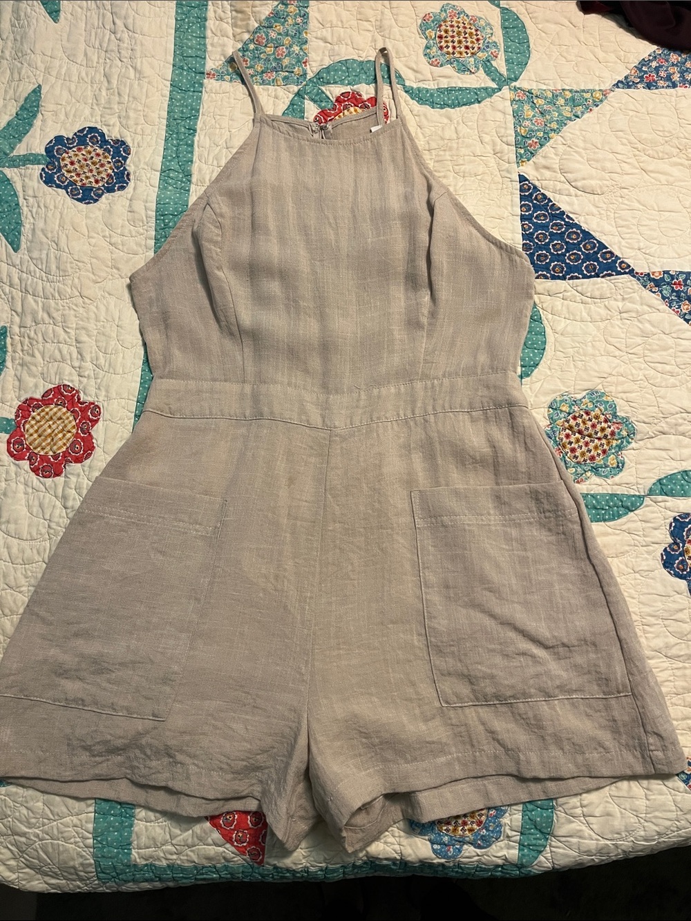 Lush Beige Linen Strappy halter top Romper